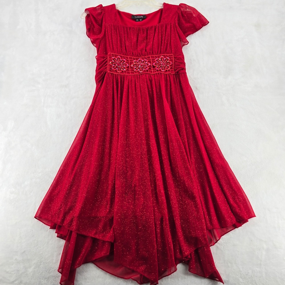 mymichelle Party Dress Girls Size 14 Handkerchief Hem Red Glitter Beaded NWT